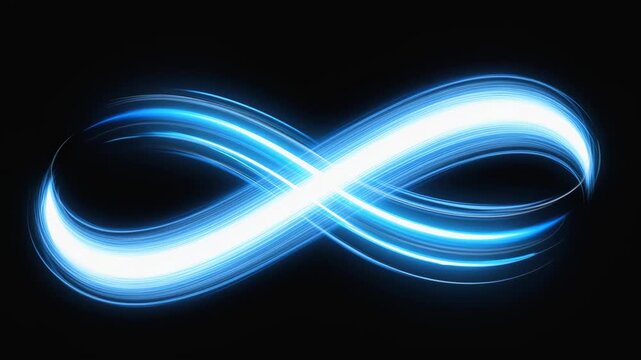 Dynamic blue light trails creating an energetic infinity symbol and flowing wave shapes on a dark background