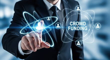 Obraz premium Crowdfunding Concept: Businessman Touching Virtual Screen with Crowd Funding Icon. Modern Business, Finance, Technology and Investment Concept.
