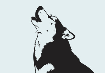 A detailed black and white illustration of a howling wolf against a light blue background.