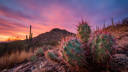  Scenic Arizona desert landscape with Saguaro cactus and dramatic clouds at sunset.