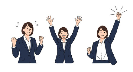 A series of poses showing a businesswoman's journey from struggle and determination to triumphant joy and achievement.