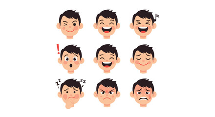 A collection of cartoon boy faces depicting a wide range of emotions and expressions, including happiness, sadness, anger, surprise, and sleepiness.