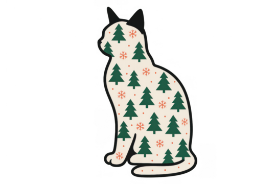 Christmas cat silhouette design showing festive evergreen tree and snowflake pattern for holiday season