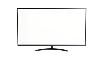 A modern black computer monitor or TV screen with a blank white display and a curved stand, isolated against a light gray background (Mockup).