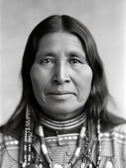 A Native American man gazes directly at the viewer, adorned in traditional clothing and jewelry, showcasing rich cultural heritage and identity. Generative AI.