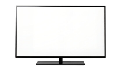 A modern black computer monitor or TV screen with a blank white display and a curved stand, isolated against a light gray background (Mockup).