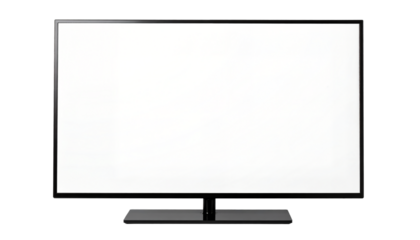 A modern black computer monitor or TV screen with a blank white display and a curved stand, isolated against a light gray background (Mockup).