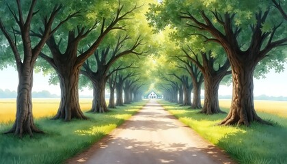 Fototapeta premium Watercolor illustration depicts a serene road lined with large trees. Pathway leads to a white house. Scene shows tranquil countryside landscape with grass fields.