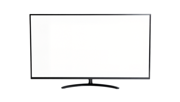 A modern black computer monitor or TV screen with a blank white display and a curved stand, isolated against a light gray background (Mockup).