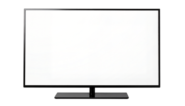 A modern black computer monitor or TV screen with a blank white display and a curved stand, isolated against a light gray background (Mockup).