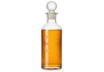 Isolated clear glass decanter filled with amber liquid, a perfect ingredient bottle