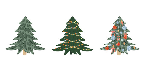 Festive Christmas trees vector set, Hand drawn holiday botanical elements. Winter trees collection for holiday