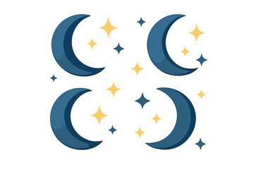 Dark blue crescent moons and sparkling yellow stars seamless pattern on white background