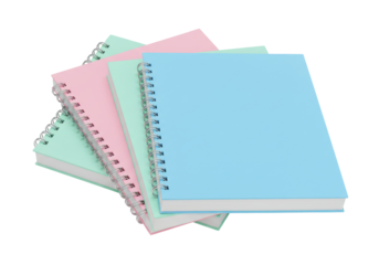 Isolated stack of pastel notebooks, office or school supplies, pink, blue, green colors