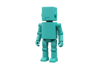 Isolated humanoid robot toy, geometric, turquoise in color, plastic or resin construction
