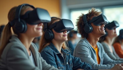 Students wear virtual reality headsets in classroom, engaged in modern digital learning. Young people explore future tech in school, experiencing immersive education with smiles.