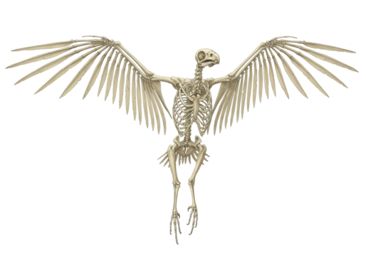 Isolated skeletal bird with large wing span standing, skeletal structure of ornithology anatomy