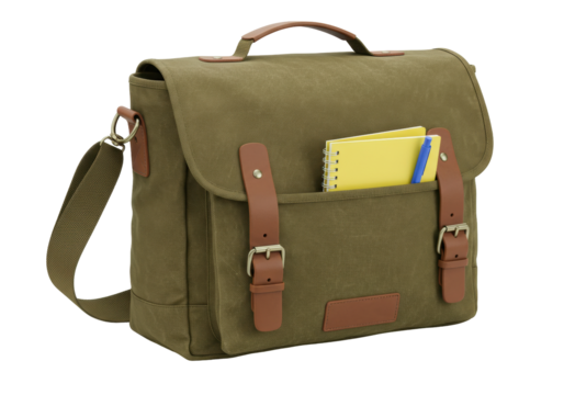 Isolated olive-green canvas messenger bag with brown leather accents, work or travel equipment