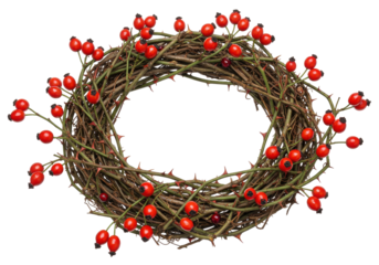 Isolated festive wreath of branches with thorns and rosehips, traditional decoration, flora