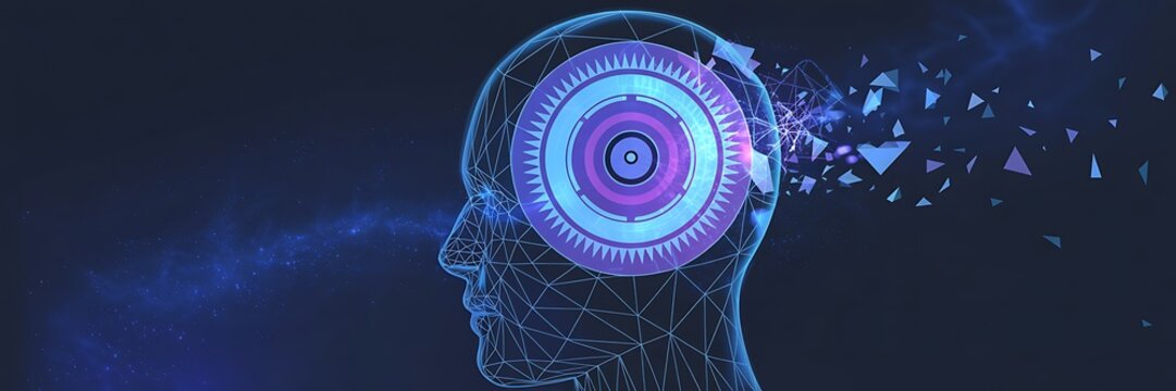 Wireframe human head with a glowing circular interface and exploding particles profile futuristic High-Tech Futuristic Interface Background