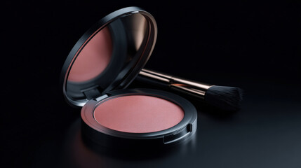 Realistic blush compact with sleek design, featuring soft pink shade and makeup brush beside it. product is elegantly displayed against dark background, highlighting its smooth texture and vibrant