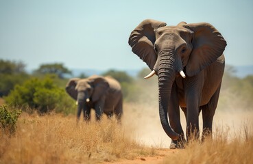 Obraz premium Two elephants walk on dirt road through dry savanna grass under blue sky. One elephant walks toward camera kicking up dust. Another elephant walks in background.