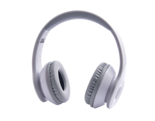 Gray, over-ear headphones with a modern design against a solid black backdrop