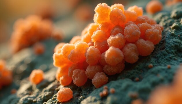 Close up view of orange Chlamydia trachomatis bacteria cells clustered on a green surface. Microscopic organism causing STI, scientific research, medical illustration.