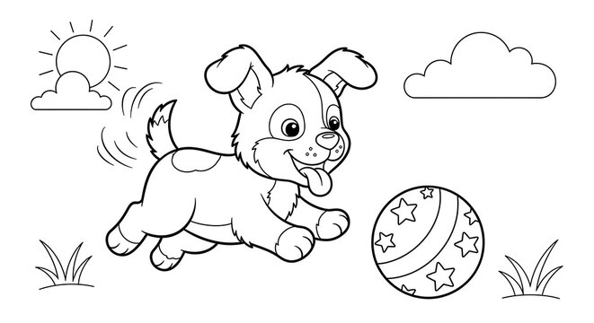 Playful Puppy Chasing a Ball in Sunny Weather Coloring Page.