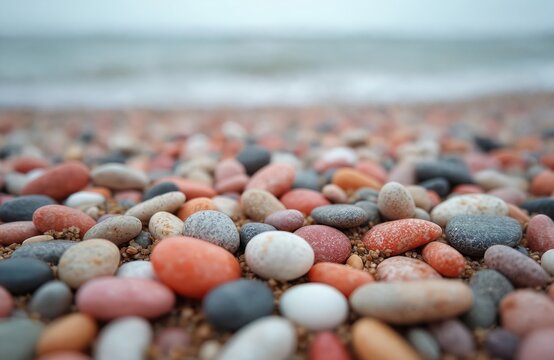 Close-up on a pebbly shore with muted tones. Small, smooth stones cover ground near gentle sea waves under overcast sky. Natural, calm seaside ambiance.