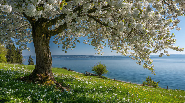 A serene spring scene features a blossoming tree overlooking a tranquil lake, with wildflowers dotting a lush green hillside under a clear blue sky. - Powered by Adobe