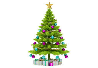 Isolated festive Christmas tree with decorations and gifts in the holiday season theme