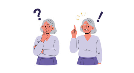 A thoughtful senior woman transitions from pondering a question to experiencing a sudden moment of inspiration and a brilliant new idea.