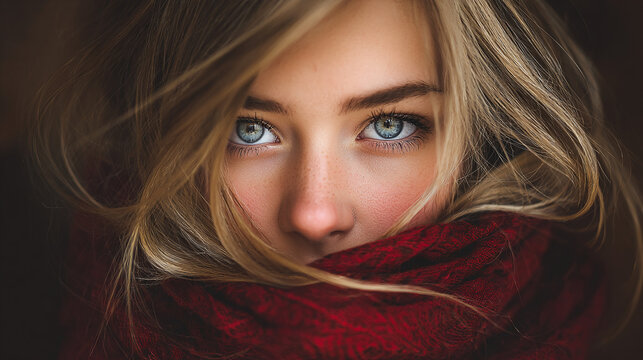 Close-up portrait of a woman with captivating blue eyes, blonde hair, and a cozy red scarf embracing her face in a warm, comforting manner.