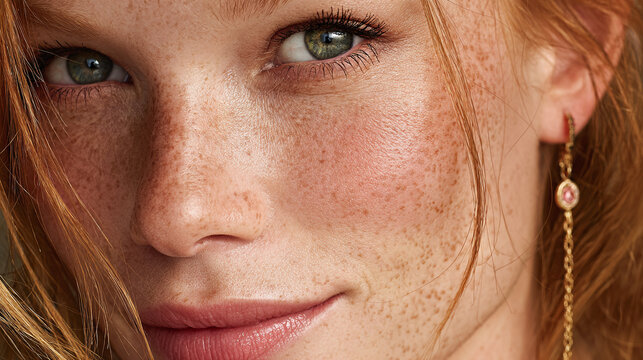 Close-up of a redhead's face with striking green eyes, freckled skin, and a subtle smile, enhanced by a delicate gold earring adding radiance.