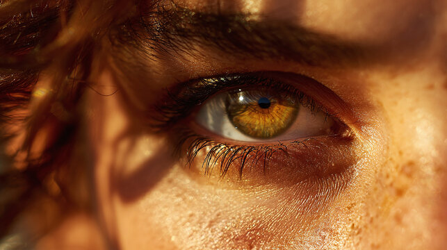 A close-up capturing the mesmerizing detail of a hazel eye, illuminated by soft light highlighting the skin's texture and eyelashes.