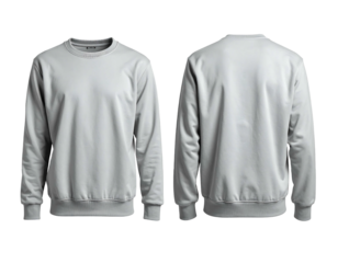 Gray sweatshirt. Front and back view on black. Solid colour, soft fabric, long sleeved, rounded neck, relaxed fit