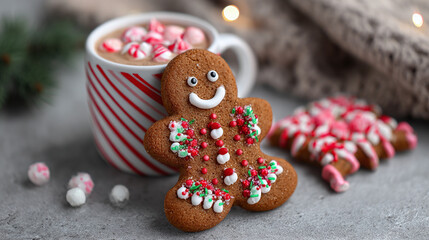 Festive gingerbread man with peppermint hot cocoa on a cozy winter day. Holiday treats perfect for the Christmas season. Sweet moments captured.
