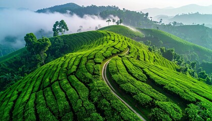 Fototapeta premium Lush Green Tea Plantation Rolling Hills Scenic Countryside Landscape