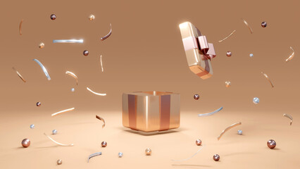 3D rendering concept of a present box opens up with geometric confetti elements around and blank space for commercial design. 3D render. 3D illustration.