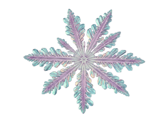 Isolated symmetrical detailed iridescent snowflake with radial array on neutral backdrop