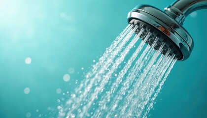 Chrome showerhead sprays clear water droplets. Closeup on fresh liquid stream falling. Clean bathroom detail, hygiene and purity concept. Relaxing spa scene.
