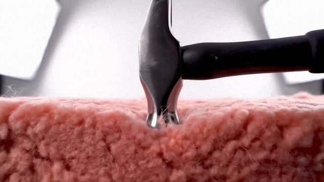 Hammer Impacts Pink Fluffy Material During Product Testing Process
