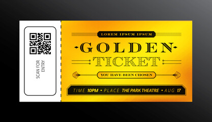 Golden Ticket Invitation Template with QR Code and Elegant Design