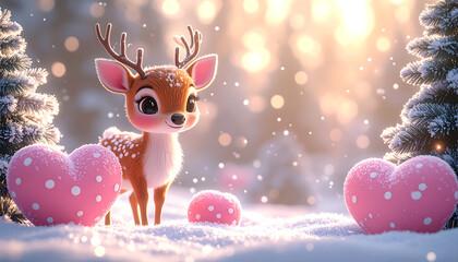Enchanting winter scene featuring an adorable baby deer in a sparkling, sunlit snowy forest with festive pink hearts, a whimsical illustration of love