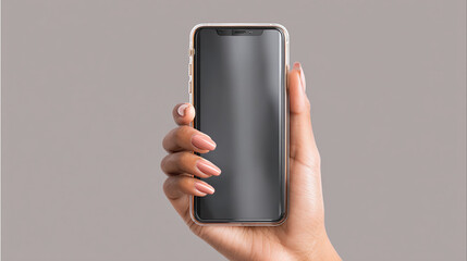 Hand holding a sleek smartphone with a blank screen, demonstrating technology integration and modern lifestyle. The device has a transparent case.