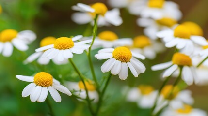 Chamomile flowers, white petals with yellow centers, in a green soft-focus natural background, close-up view, copy space.