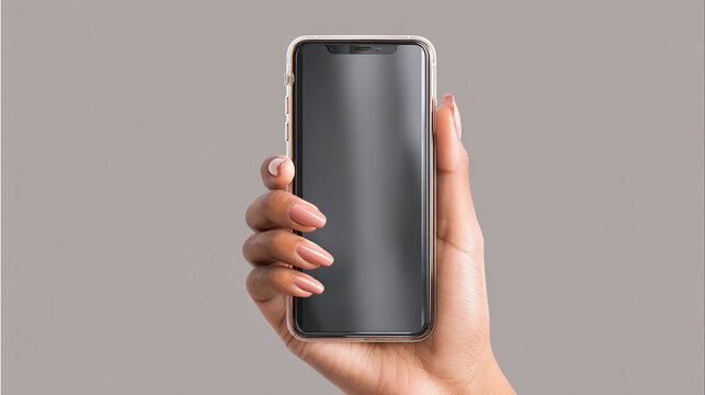 Hand holding a sleek smartphone with a blank screen, demonstrating technology integration and modern lifestyle. The device has a transparent case.