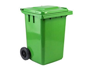Green wheeled trash container with a lid, standing on a black background
