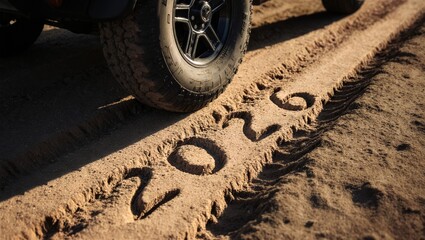 Jeep Tire Tracks on Dusty Road Forming 2026 in Sand, Warm Sunset Light Outdoor Adventure Background